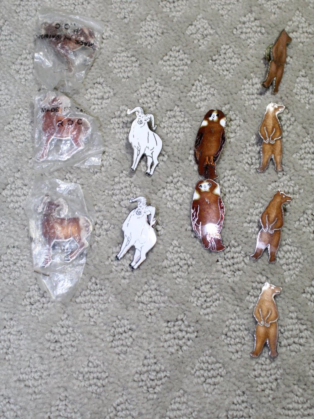 Set of 11 Vintage Enamel Animal Pins - Bear, Dall Ram, Hawk